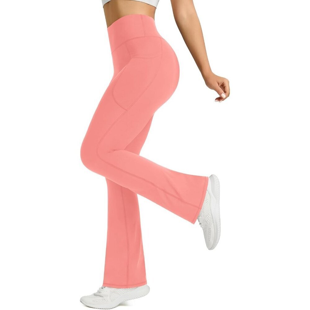 Women's Pink Polyester Blend Flared High Waisted Bell Bottom Yoga Dress Pants - Picture 3 of 6